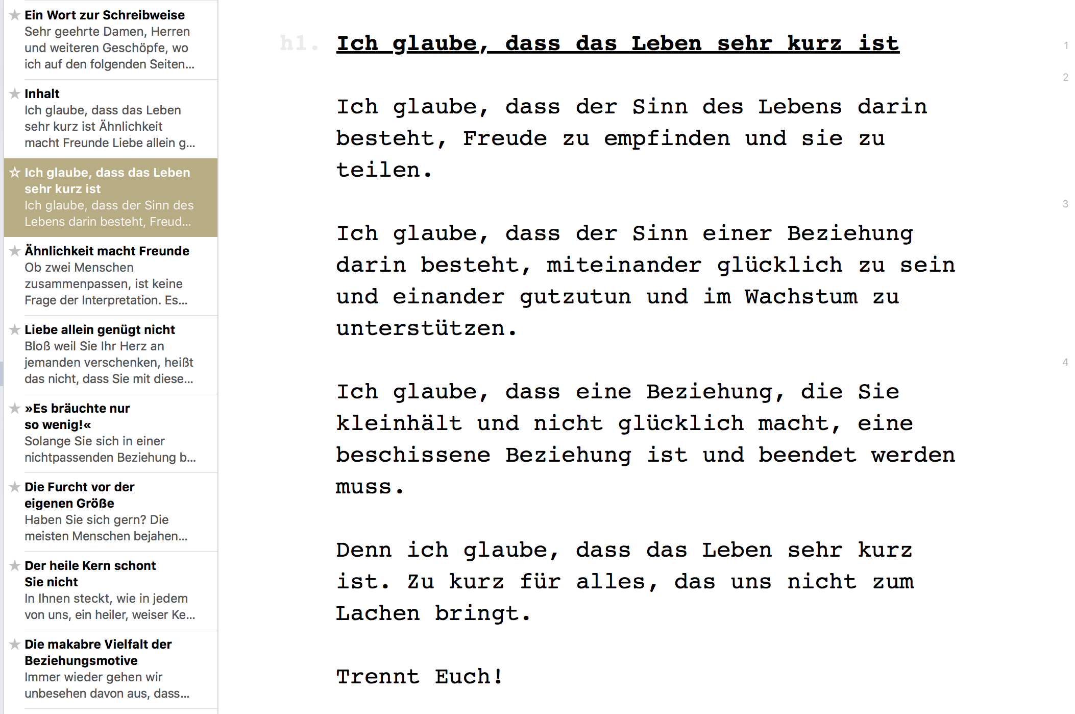 A screenshot from Meyer’s essay Trennt euch!, written with Ulysses